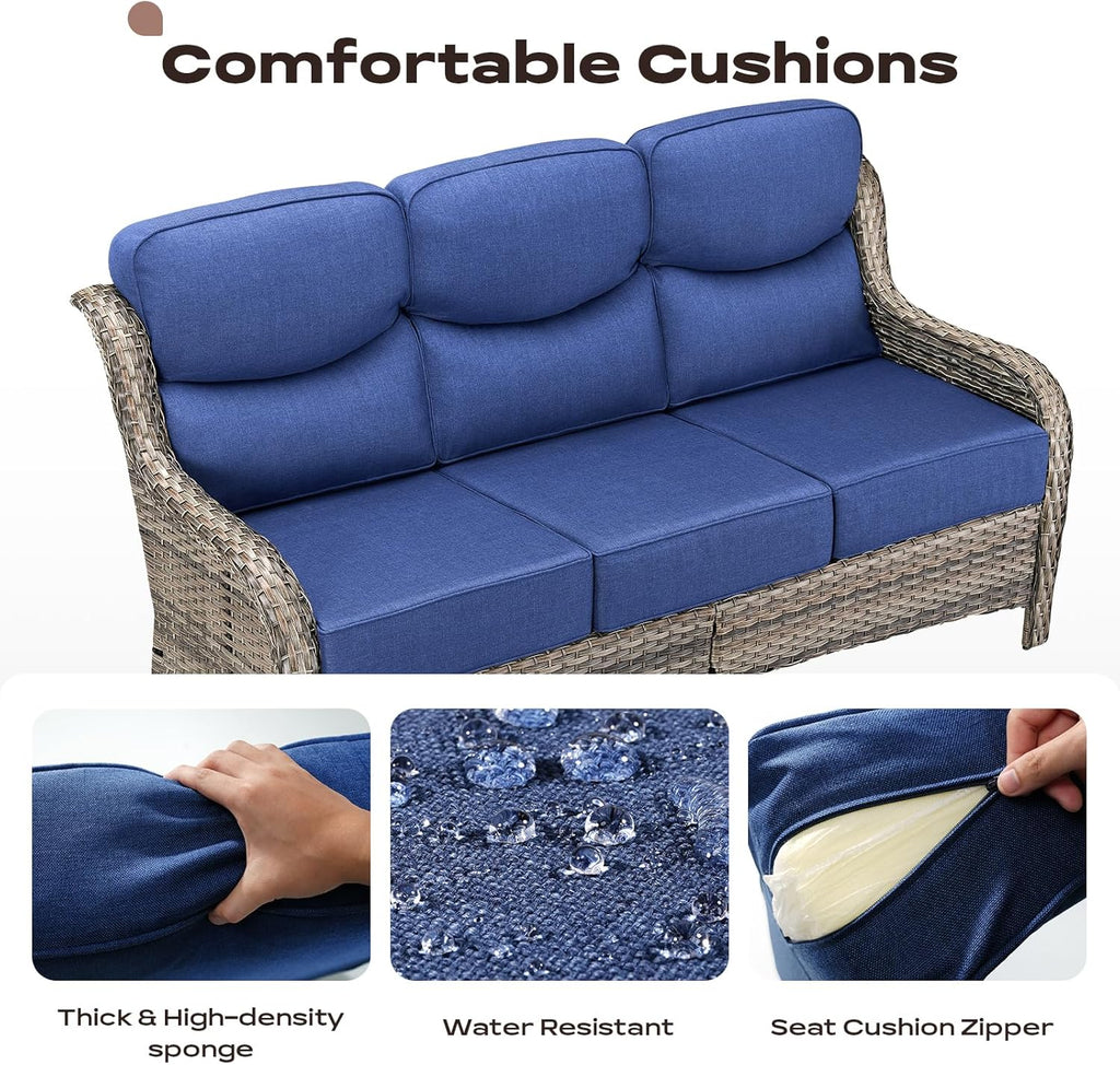 Wicker Outdoor Patio Furniture Set - 6 Piece Patio Conversation Sets with Swivel Rocker Chairs, Ottomans, Sofa and Table, 6 inch Cushions, Deep Seating, for Porch Deck Mixed Grey/Blue