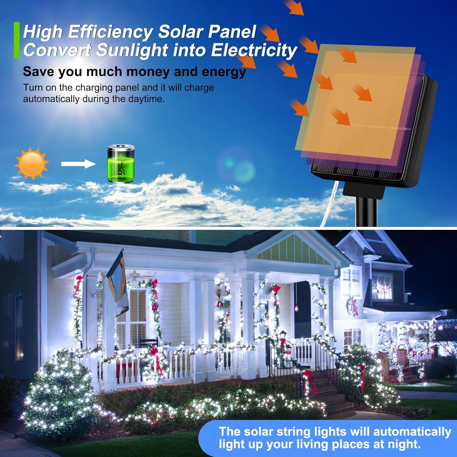 Brightever Solar Powered String Lights Outdoor Waterproof, 4-Pack Total 160FT 400 LED Solar Twinkle Lights with 8 Lighting Modes, Solar Fairy Lights for Fence, Balcony (Daylight White)