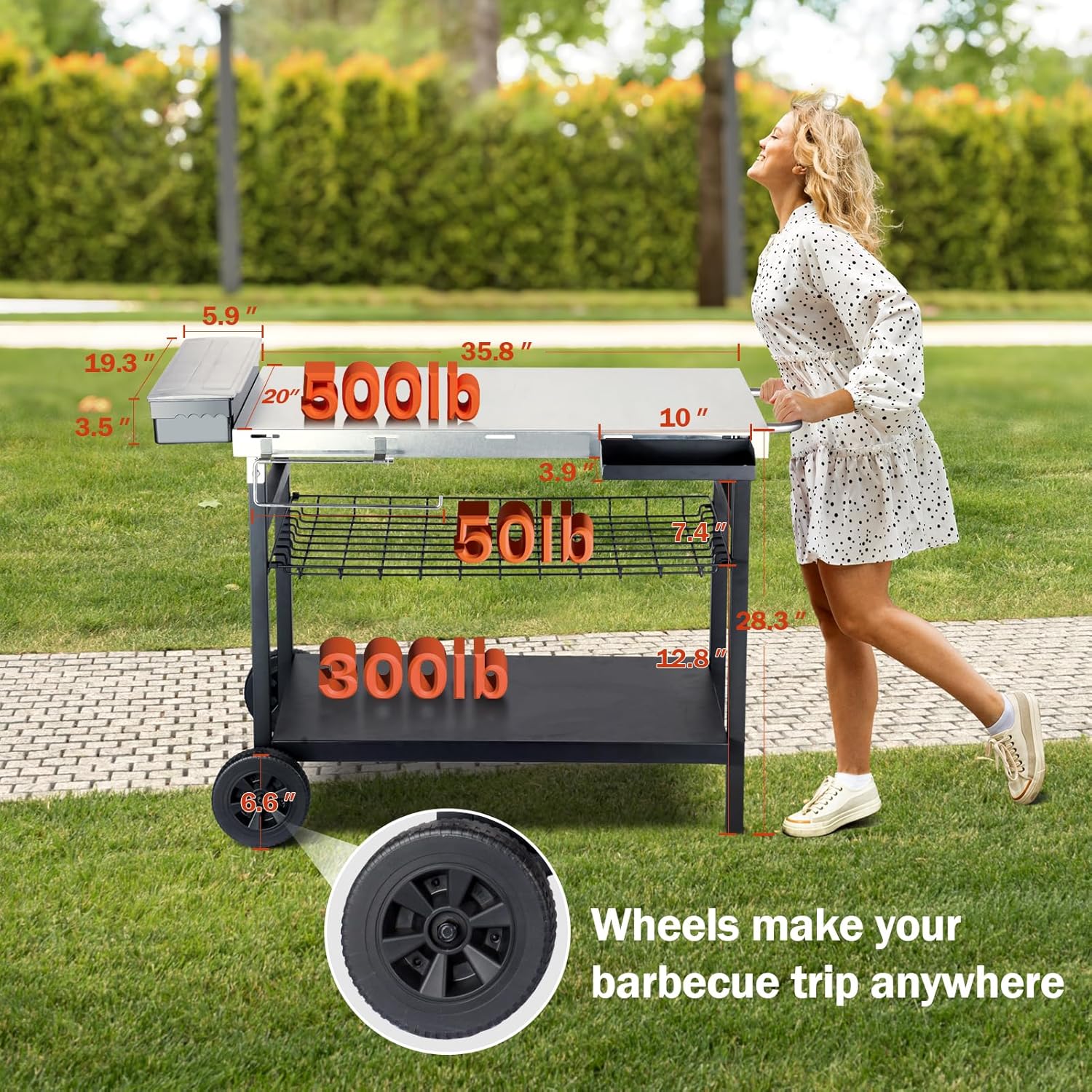 Outdoor Grill Cart, 500lb Dining Cart Table with Three-Shelf, Stainless Steel Rolling Movable Food Prep and Work Table