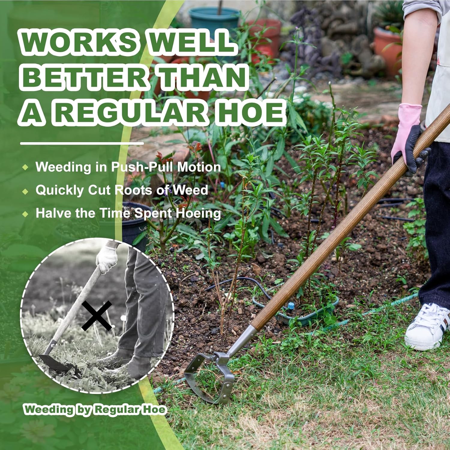 Haliaeetus Hula Hoe, 58'' Stainless Steel Stirrup Hoe, Action Hoe for Weeding in Push-Pull Motion, Scuffle Hoe with Comfortable Wood Long Handle for Standing to Weed on Flower Bed and Between Plants