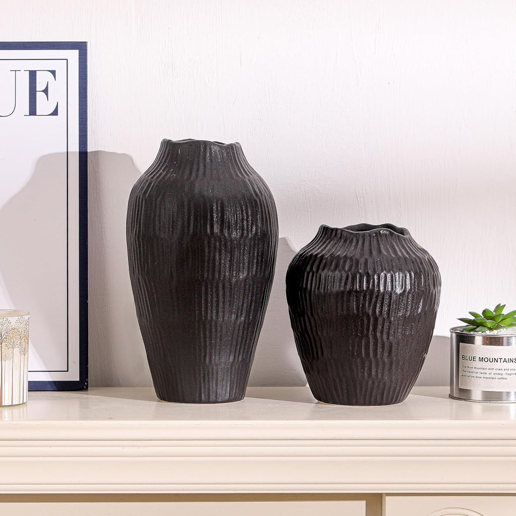 7.8 Inch Black Ceramic Vase - Modern Minimalist Round Vase for Centerpiece, Farmhouse, Living Room-Handcrafted Decorative Design for Dried Flowers, Plants, Home Decor, Rustic & Vintage Styles