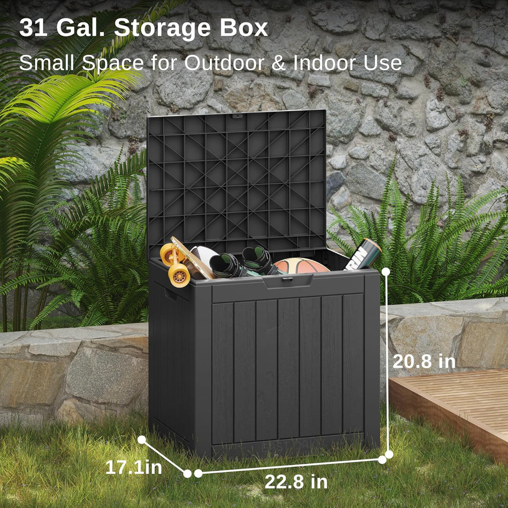 EAST OAK Outdoor Storage Box, 31 Gallon Deck Box, Waterproof Resin Storage Bin for Patio Cushions, Gardening Tools, Accessories, Lockable, UV Resistant, Black