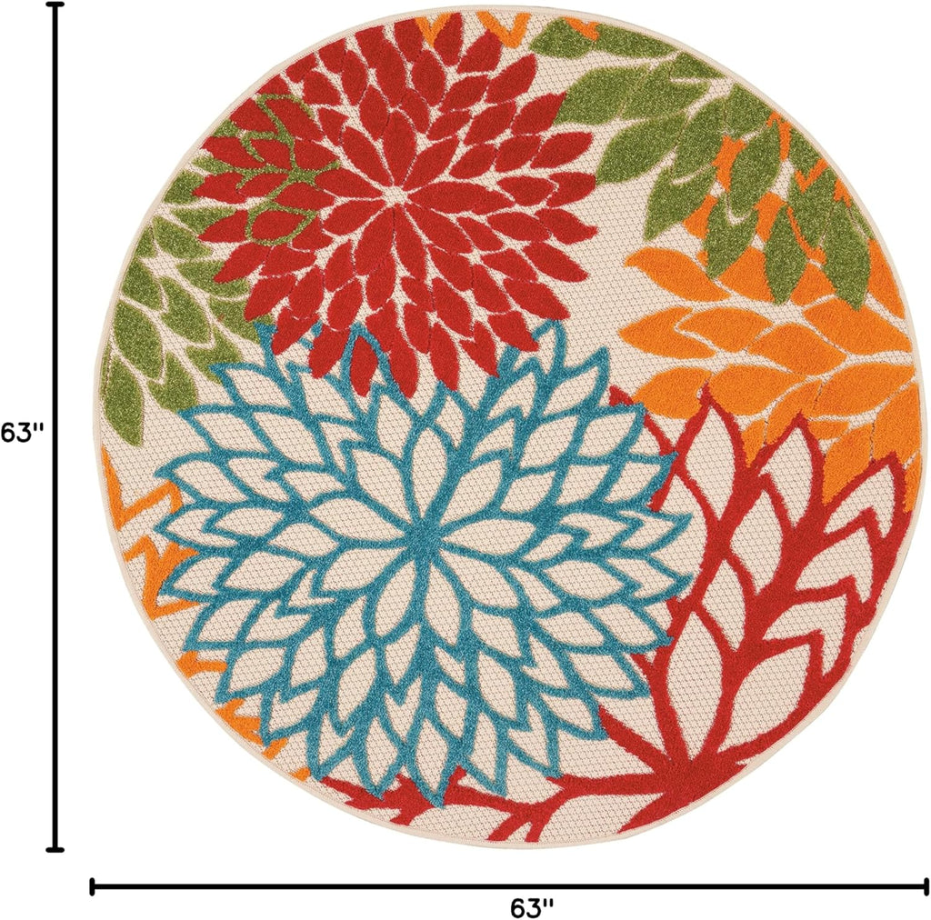 Nourison Aloha Indoor/Outdoor Green 5'3'' x Round Area-Rug, Tropical, Botanical, Easy-Cleaning, Non Shedding, Bed Room, Living Room, Dining Room, Deck, Backyard, Patio (5 Round)