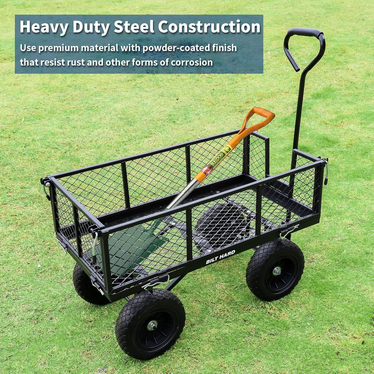 BILT HARD 880 lbs 10" Flat Free Tires Steel Garden Cart with 180° Rotating Handle and Removable Sides, Heavy Duty 4 Cu.Ft Capacity Utility Garden Carts and Wagons, Black
