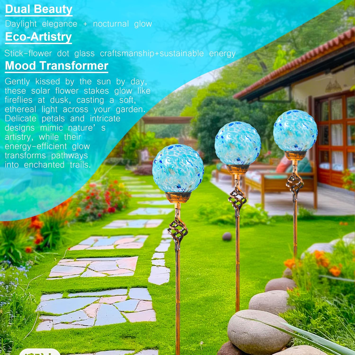 Garden Solar Lights Outdoor, Decorative LED Honeycomb Glass Ball Garden Stake, Glass and Metal Outdoor Decoration, 4 x 31 Inch (Light Blue)