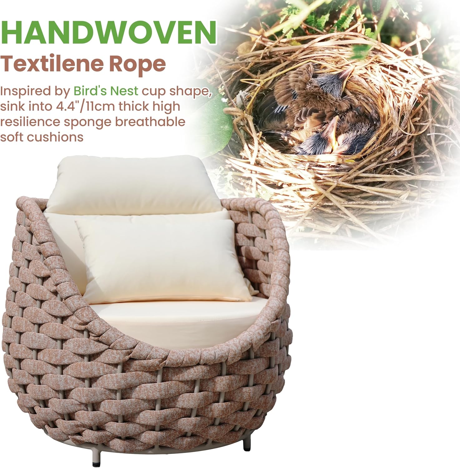 Aluminum Deck Outdoor Furniture Set: 6 Pieces Rope Patio Conversation Sofa Set - Modern Woven Porch Couch Set Cushioned - No Assembly All Weather for 660lbs Yard Garden Lanai Hotel, Terracotta