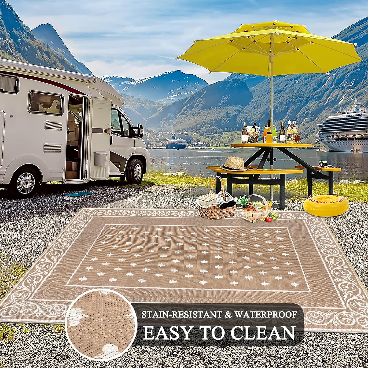 Pauwer Waterproof Outdoor Rug 6x9, Reversible Plastic Straw Patio Camping Rug, Indoor Outdoor RV Mat Carpet for Deck, Camper, Porch, Balcony, Backyard, Picnic, Bordered Beige