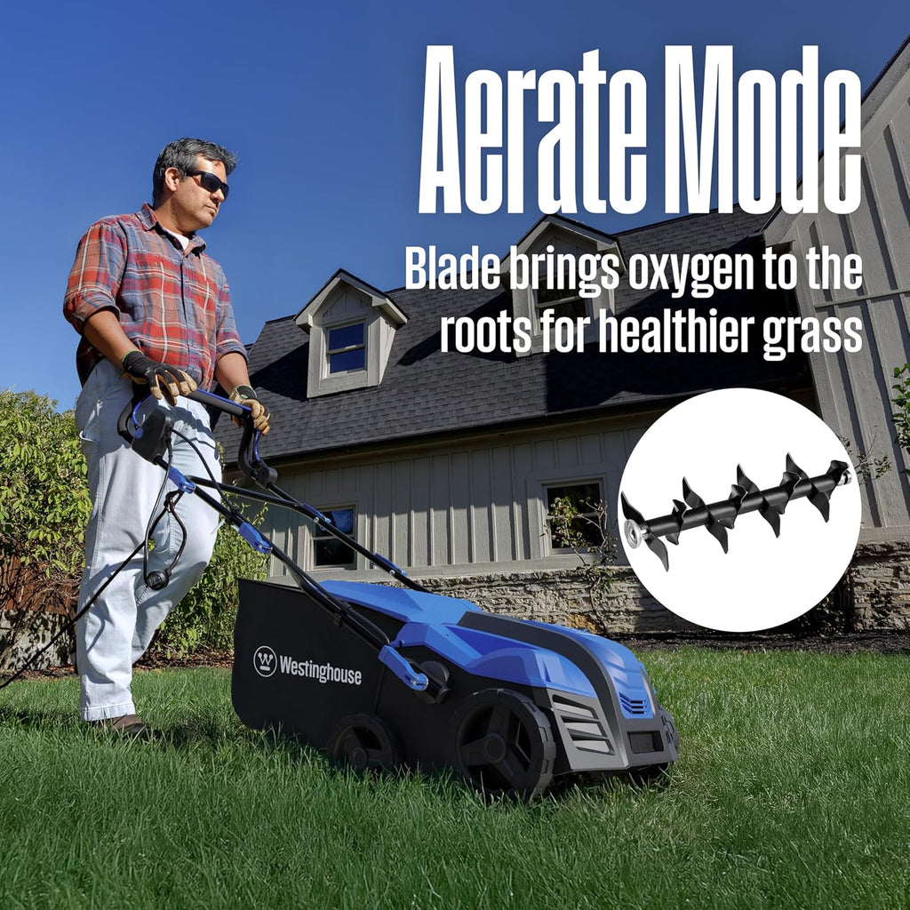 Westinghouse 16-Inch 15 Amp 2-in-1 Corded Electric Dethatcher and Aerator with 14.5 Gallon Thatch Collection Bag, 5-Position Depth Adjustment and 3-Position Angle Settings