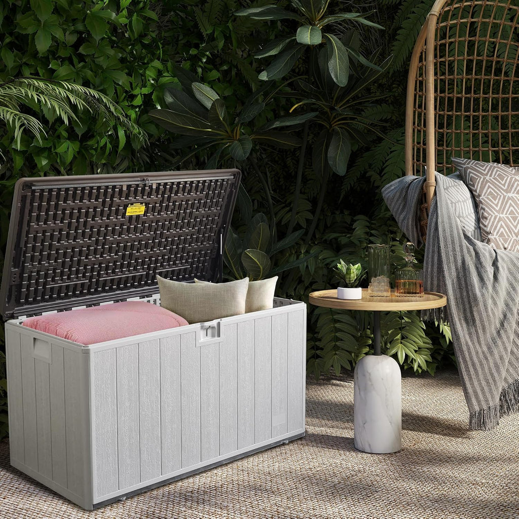 Premium Pro Edition 110 Gallon Lockable Resin Deck Box, Waterproof & UV-Resistant Outdoor Storage Box for Outdoor Cushion Storage, Garden Tools & Pool Accessories Storage, White