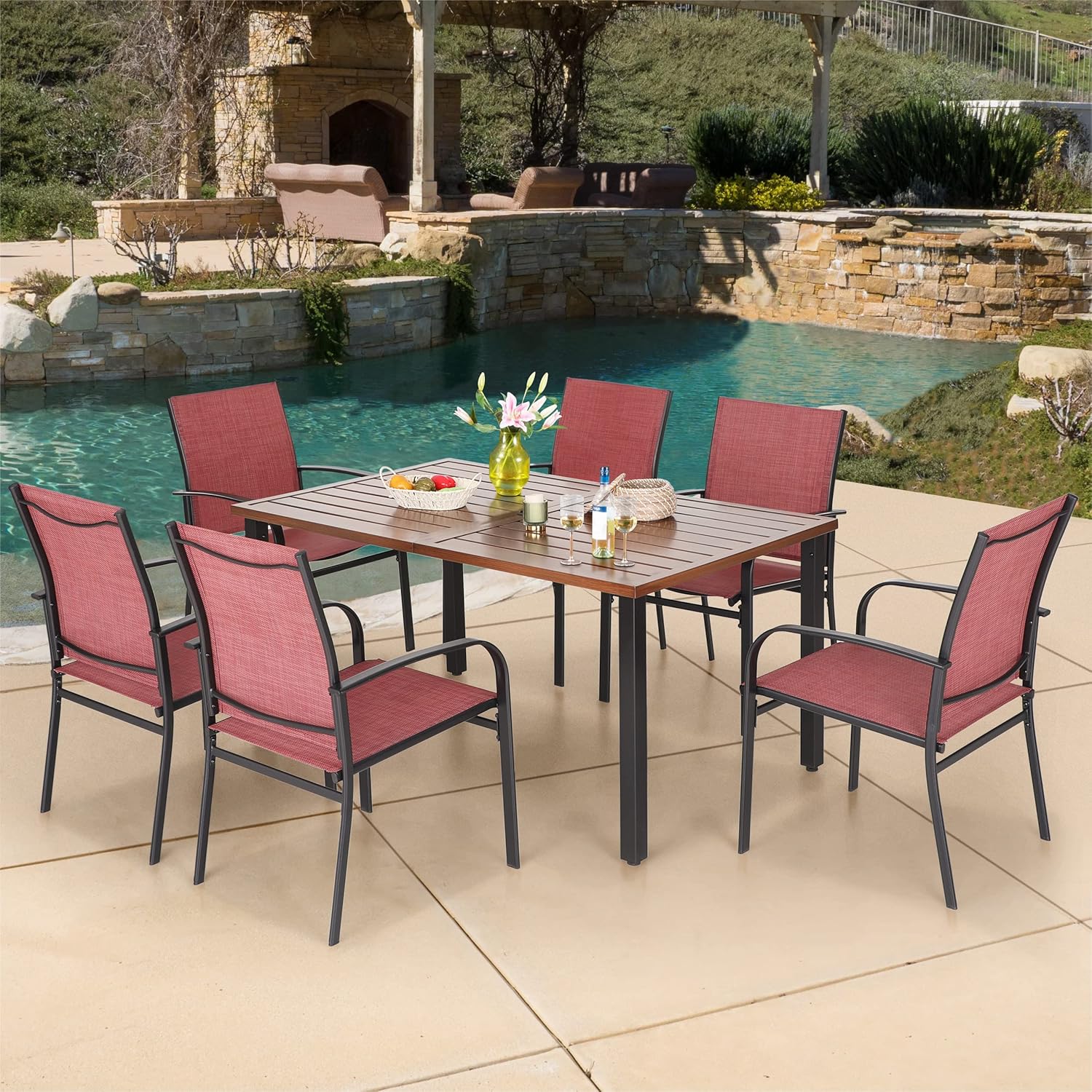 Outdoor Patio Dining Table for 6, 60" x 36" Rectangular Metal Patio Dining Table with Umbrella Hole for Garden, Backyard and Porch