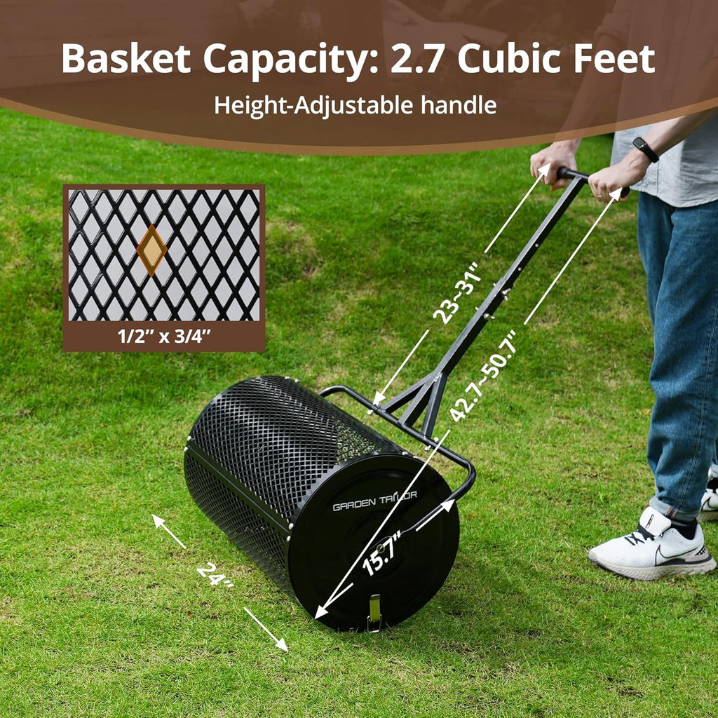 Compost Spreader 24 Inch Peat Moss Spreader with Installation Support Accessories, Metal Mesh Roller Lawn Spreader for Top Soil, Manure, Mulch, Top Dressing - Garden spreaders for lawns