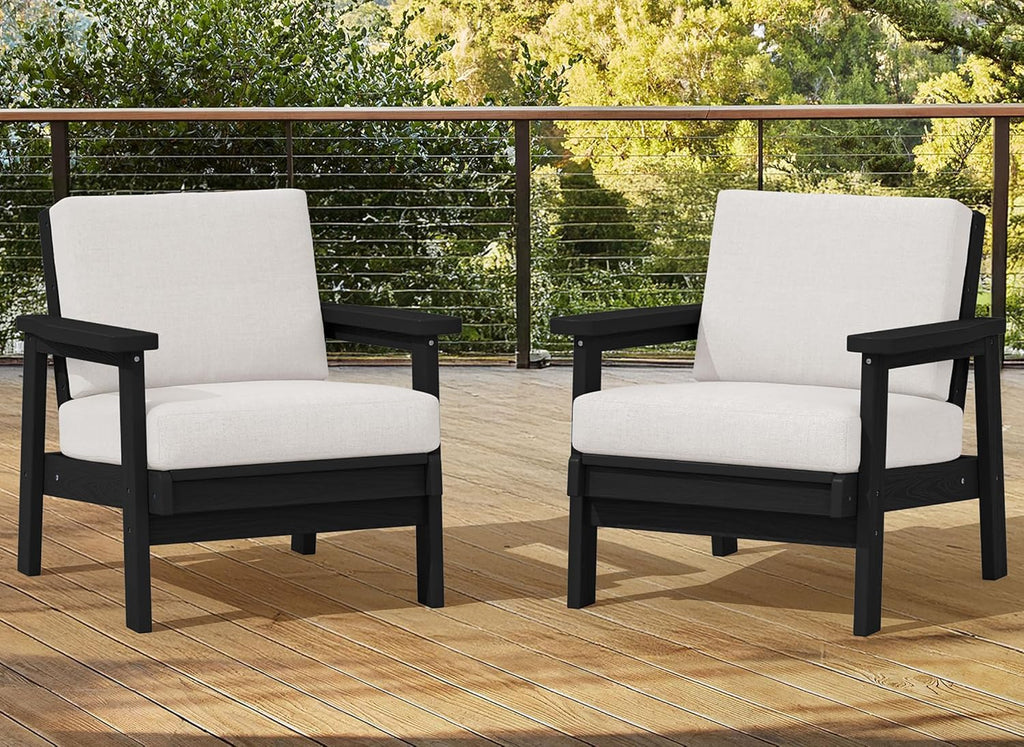 SERWALL HDPE Outdoor Couch Set of 2, All-Weather Wood-Like Outdoor Patio Furniture Set, Black Outdoor Sofa Chairs with Khaki Cushions