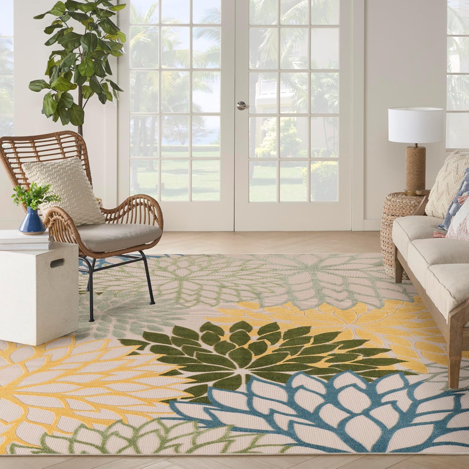 Nourison Home Aloha Indoor/Outdoor Green Multicolor 9' x 12' Area Rug, Easy-Cleaning, Non Shedding, Bed Room, Living Room, Dining Room, Backyard, Patio, Deck (9x12)
