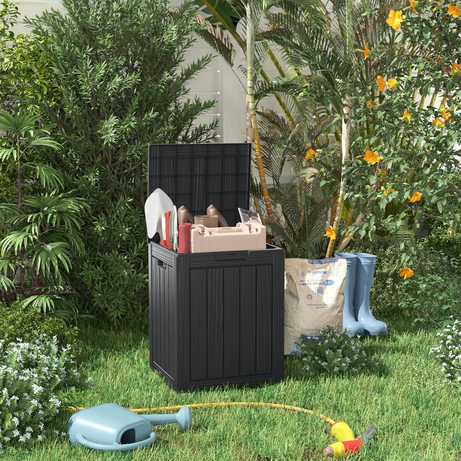 28 Gallon Outdoor Deck Box,Storage Lockable Waterproof Patio Furniture,Garden Tools,Cushions,Pool Accessories Outside Storage Resin Box(SM Black)