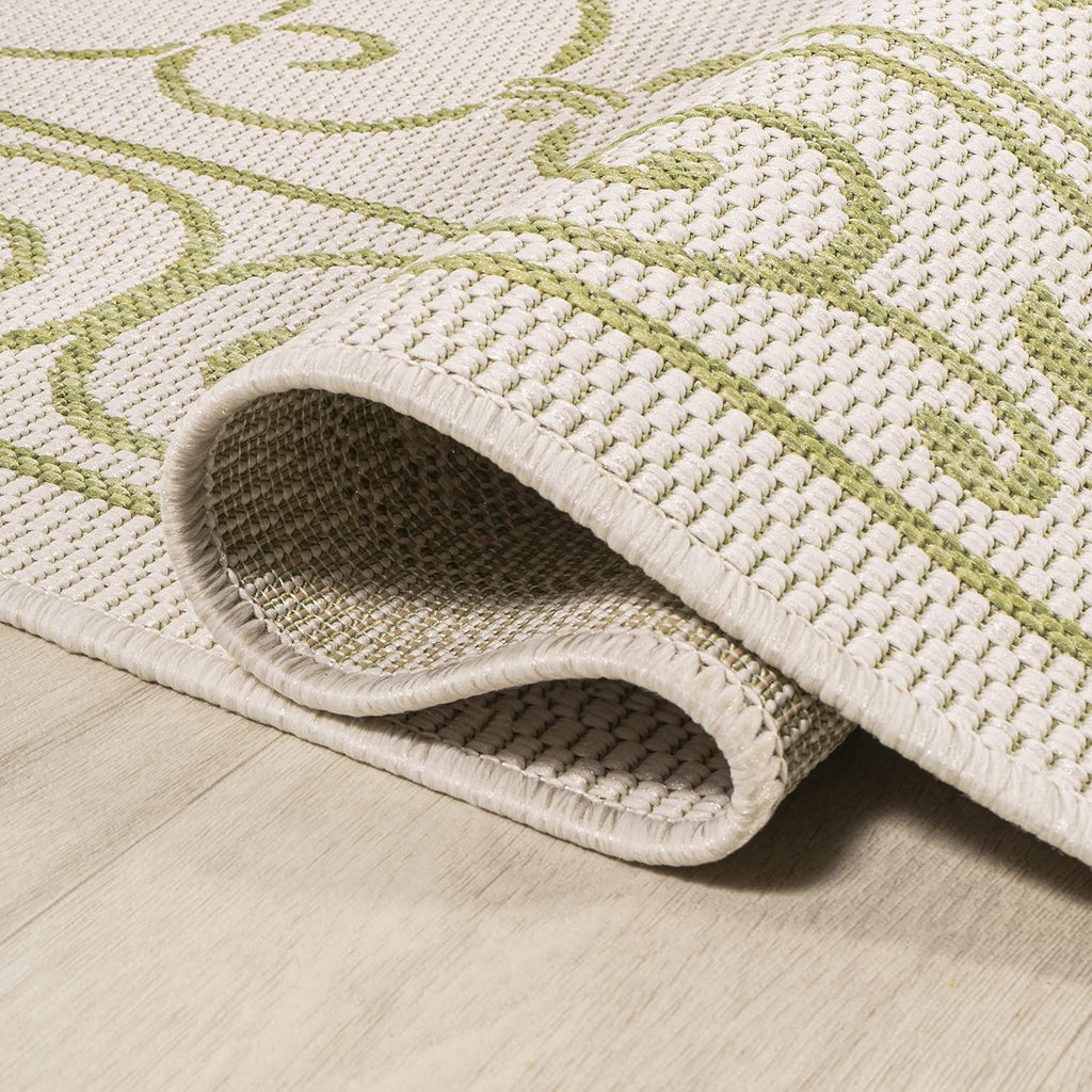 JONATHAN Y SMB106I-28 Charleston Vintage Filigree Textured Weave Indoor Outdoor Runner Rug, Bohemian Coastal Traditional Easy Cleaning,Bedroom,Kitchen,Backyard,Patio,Non Shedding, 2 X 8, Cream/Green