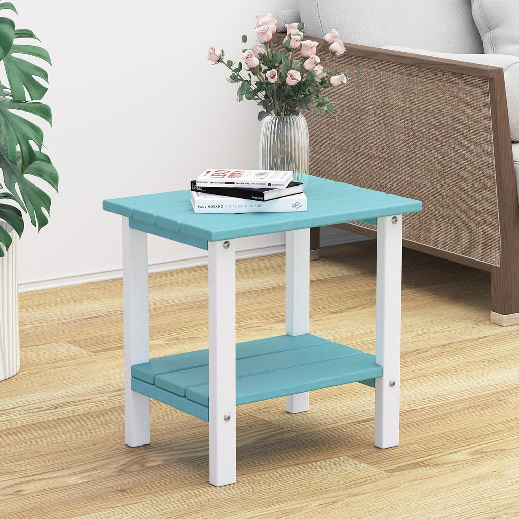 Outdoor Side Table, 16 Inch Square Patio Table, All Weather Porch Table for Balcony, Backyard, Lawn, Indoor Outdoor Companion (Aruba Blue & White)