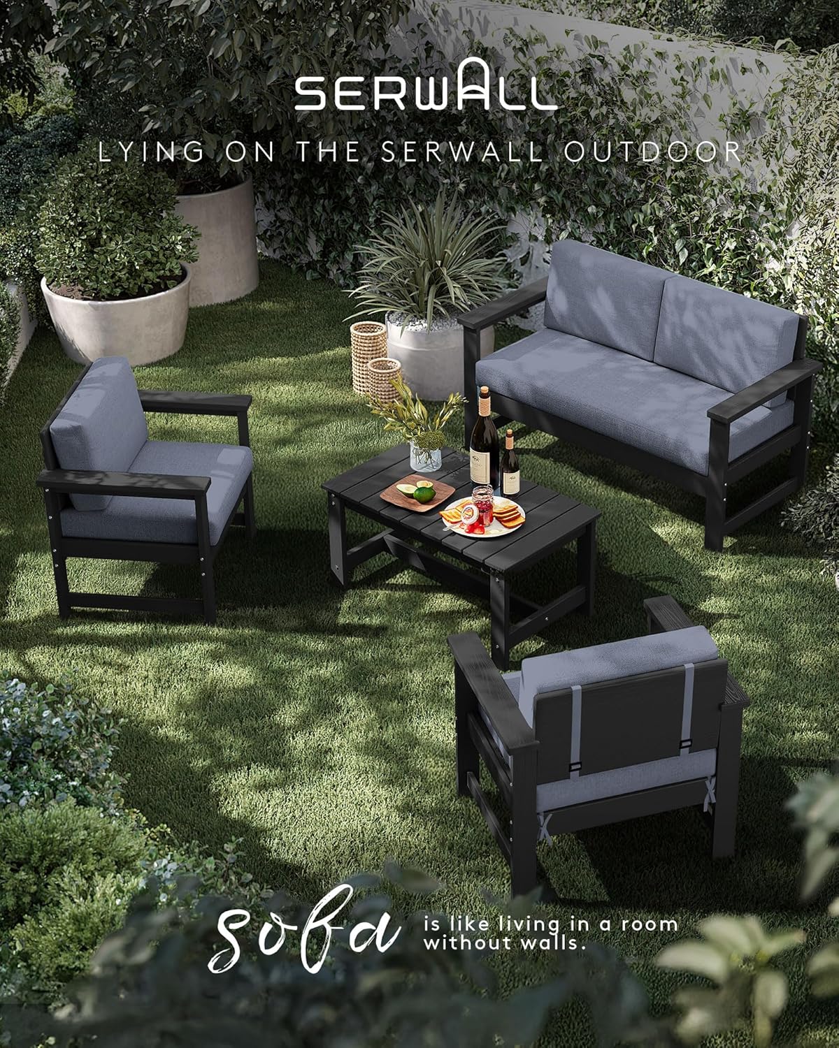 SERWALL 2 Pieces Single Cushioned Lounge Chair, Black HDPE Outdoor Adirondack Sofa Armchair with Grey Cushion