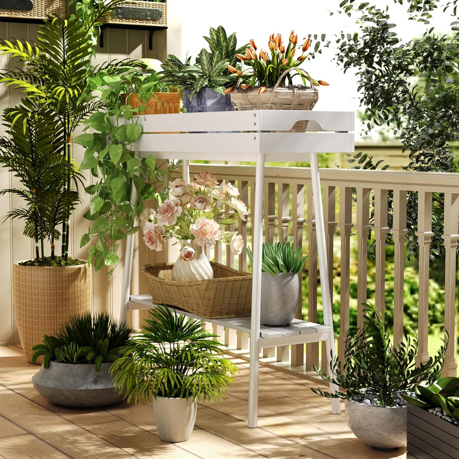 BAMBANG Bamboo Plant Stand Indoor, 2 Tier Small Plant Table, Tall Plant Stand for Indoor Plants, Window Sill Plant Shelf, Flower Pot Holder Plant Bench Plant Rack for Living Room Outdoor, White