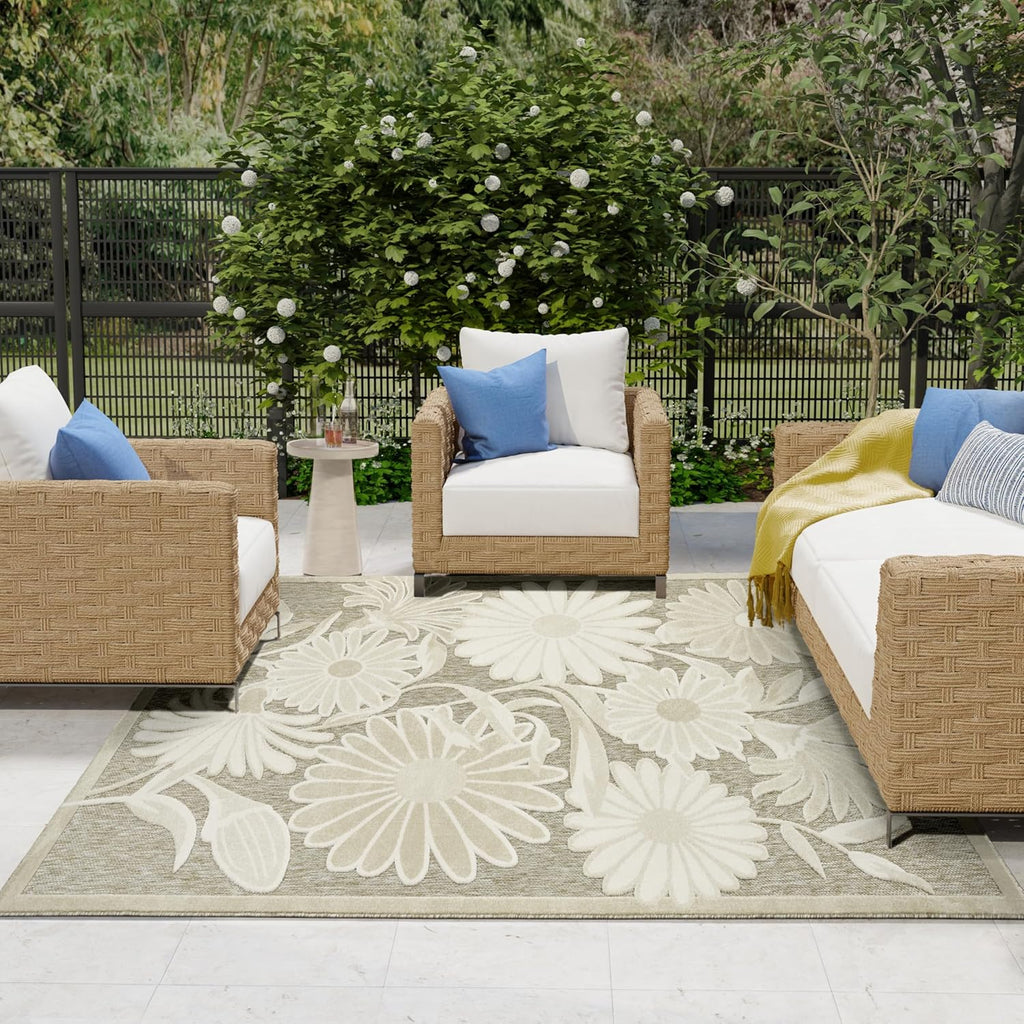 Nourison Aloha Ivory Sage 9' x 12' Area Rug - Easy Clean, Non Shedding, Bed Room, Living Room, Dining Room, Kitchen (9' x 12')