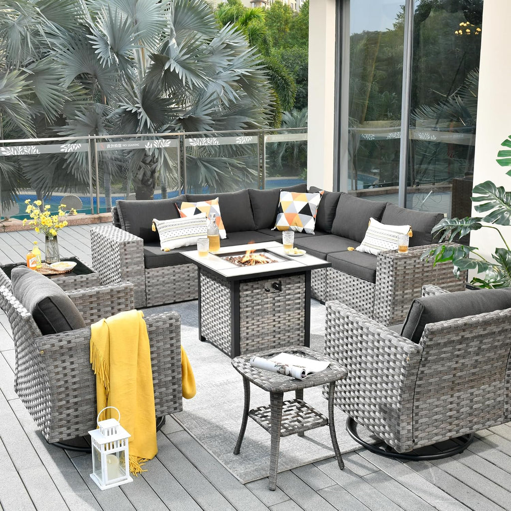 HOOOWOOO 10 Piece Modular Patio Outdoor Sectional Furniture Set with Gas Propane Fire Pit Table,Wicker Conversation Sofa Set with Swivel Chairs,Outside Couch Set(Black)