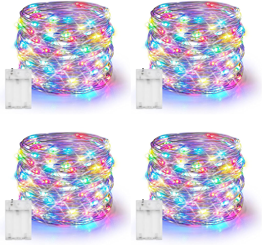 Dazzle Bright Fairy Lights Battery Operated, 4 Pack Total 80FT 240LED Silver Wire Waterproof String Lights, Christmas Decorations for Indoor Outdoor Bedroom Yard Decor, Multi-Colored