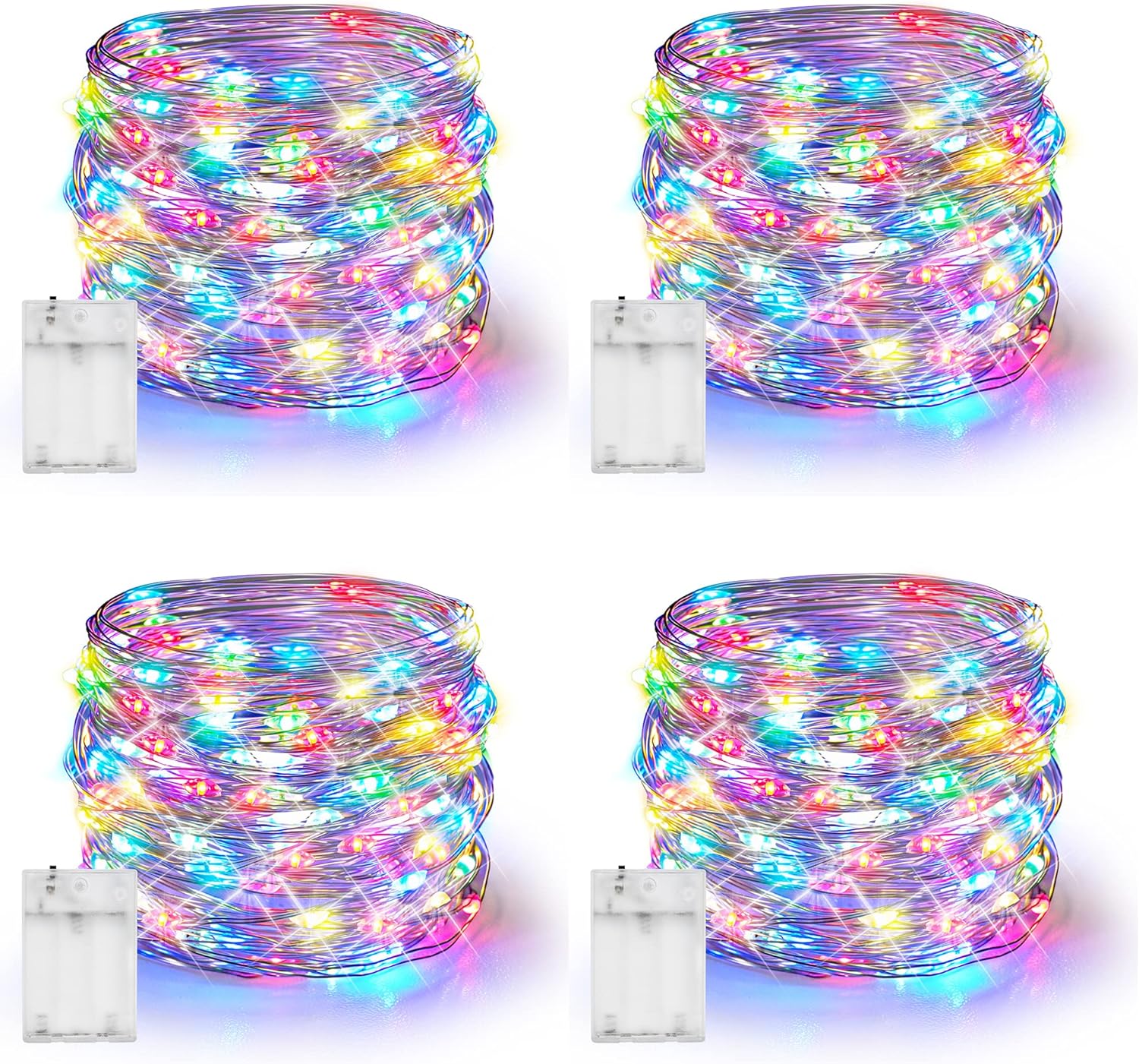 Dazzle Bright Fairy Lights Battery Operated, 4 Pack Total 80FT 240LED Silver Wire Waterproof String Lights, Christmas Decorations for Indoor Outdoor Bedroom Yard Decor, Multi-Colored