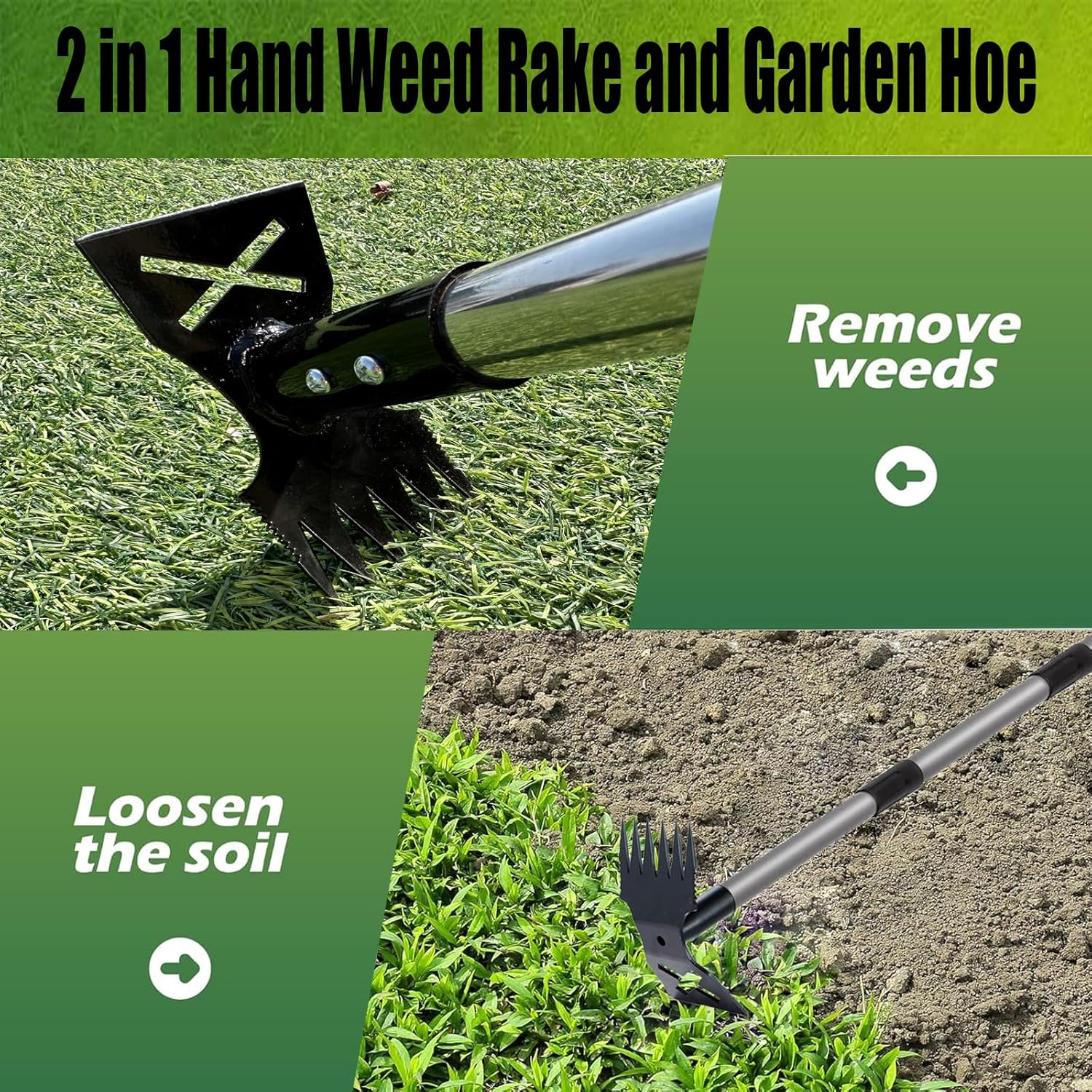 Weed Puller Tool with Long Handle, 60'' Weed Remover Weeding Tool, 2 in 1 Hand Weed Rake and Garden Hoe for Gardening, Uprooting Weeding Tool for Yard, Lawn, Patio, Garden