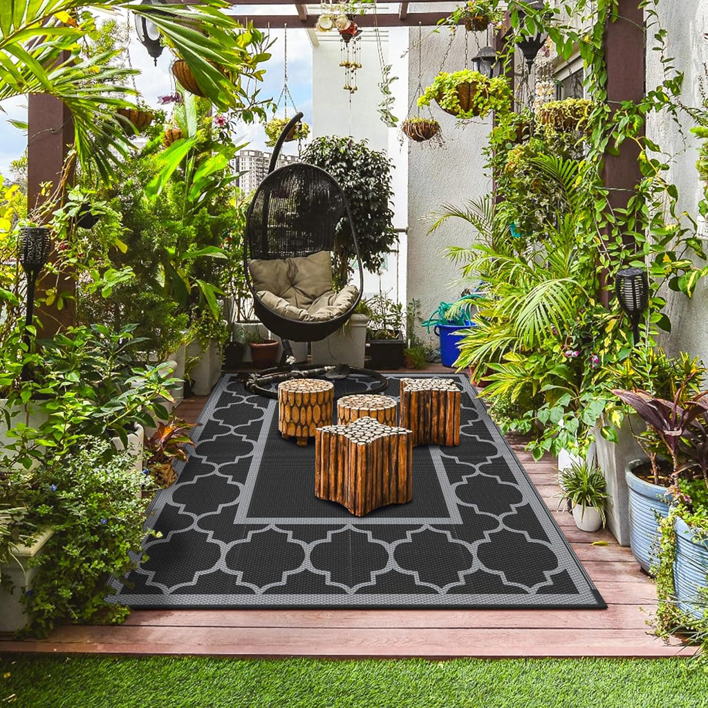 GENIMO Outdoor Rug 9' x 12' Waterproof for Patio Decor, Reversible Plastic Straw Area Rugs Mat for Camper, Outside Carpet for Camping, Rv, Deck, Porch, Picnic, Beach, Balcony, Black & Grey