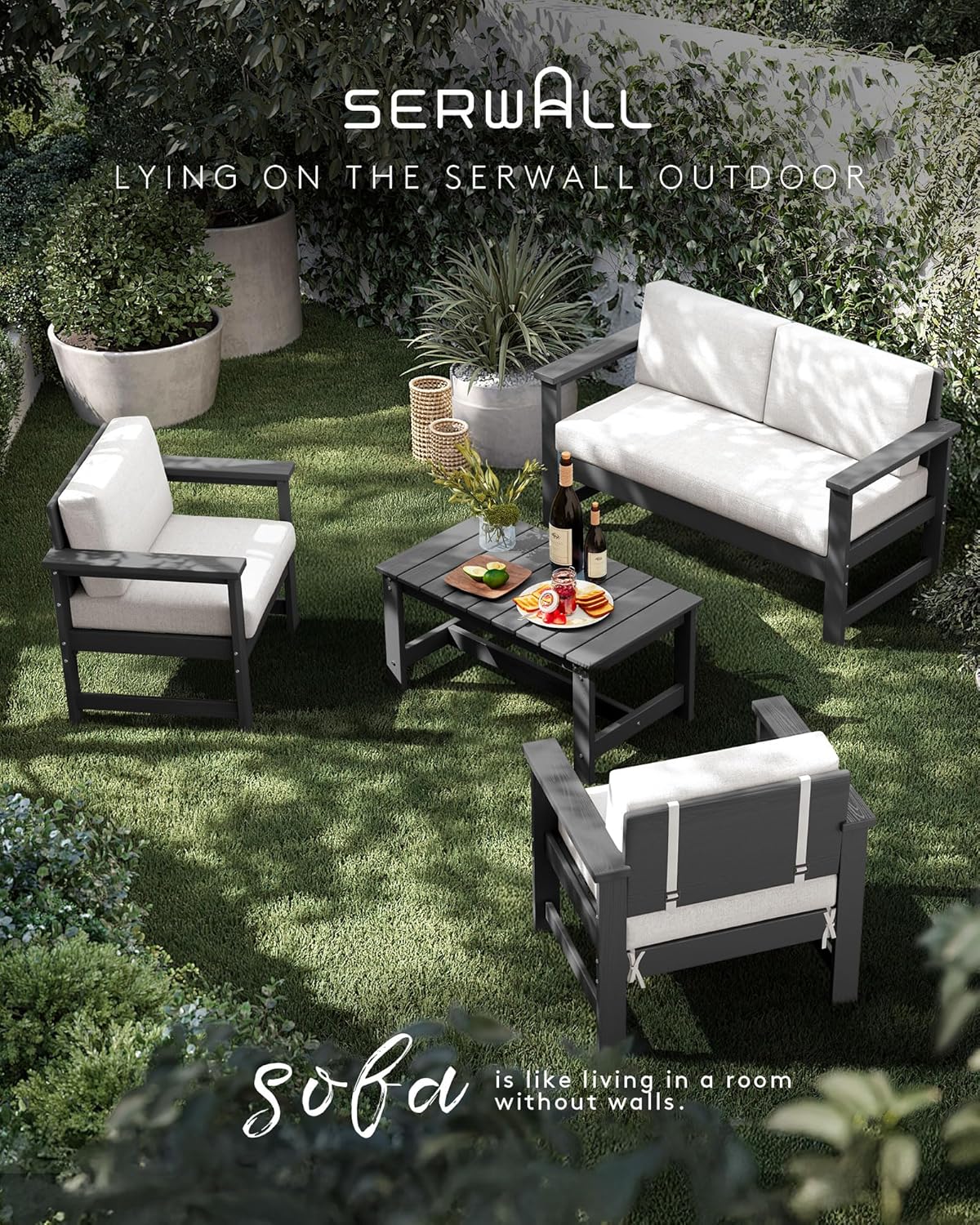 SERWALL 3 Pieces HDPE Outdoor Sofa Set with Cushions, All Weather Use Patio Couch Loveseat Furniture with Coffee Table for Balcony, Deck, Poolside, Grey Frame with Khaki Cushions