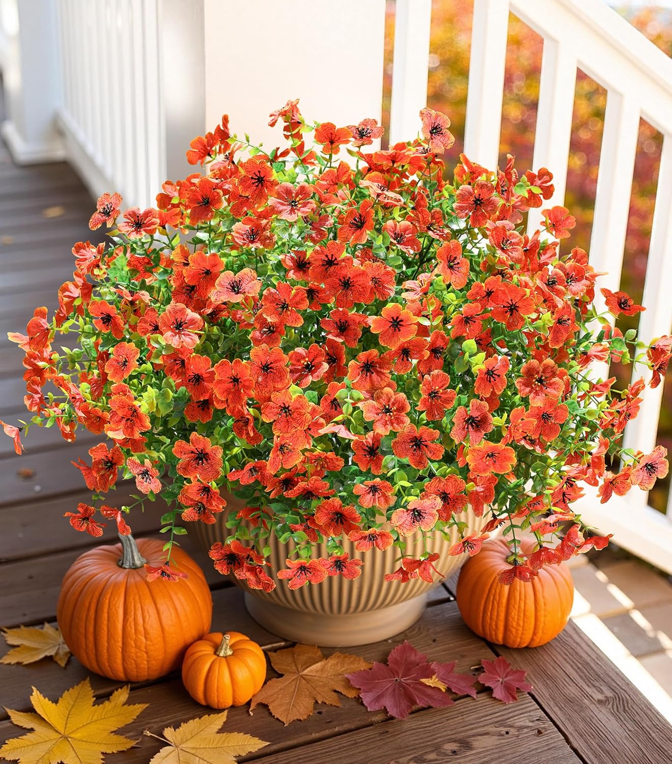 Artificial Flowers for Outdoor Indoor Garden Home Decoration, Faux Flower Daisy with Eucalyptus Leaves Fake Plants Greenery Boxwood Porch Patio, 12 Bundles Orange