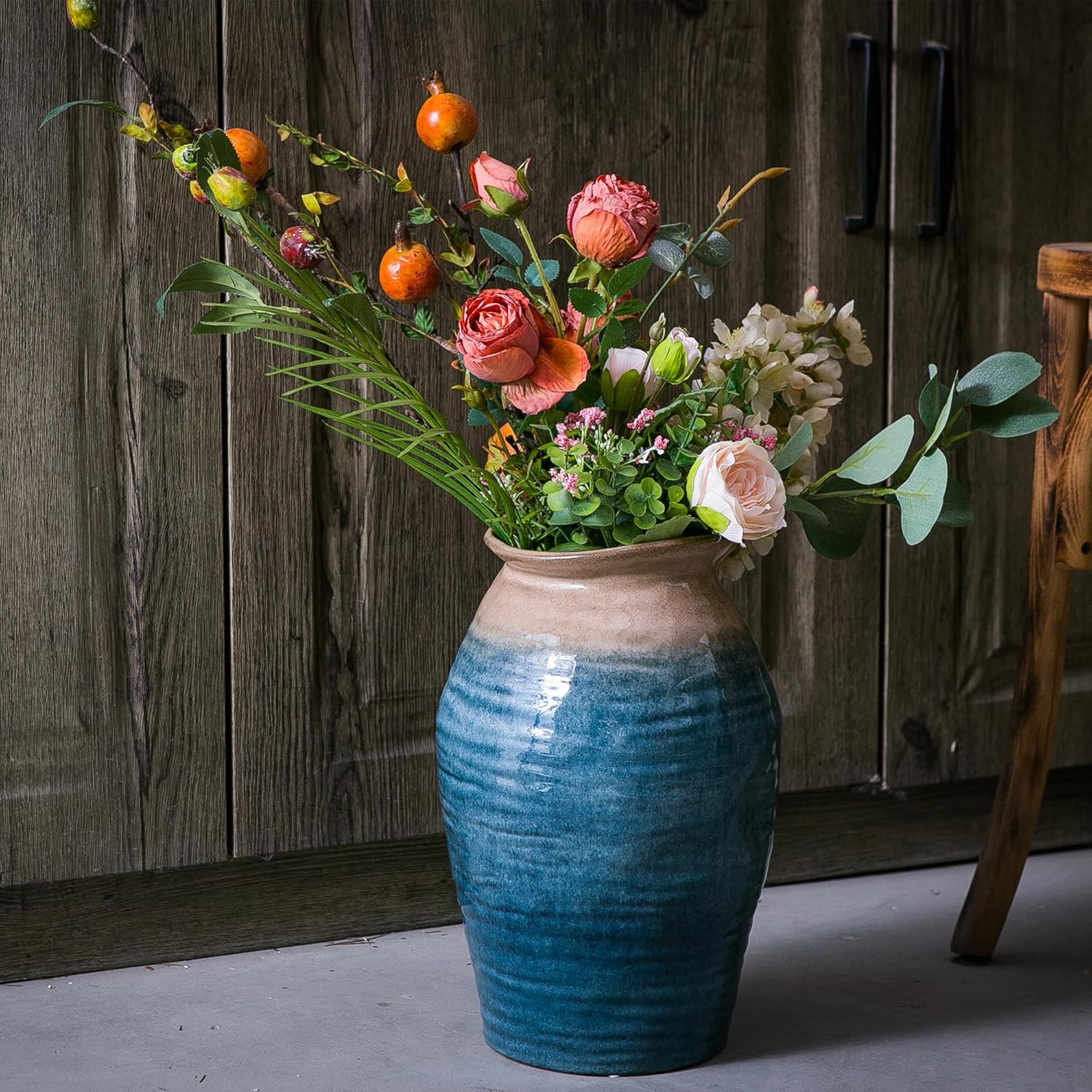 Blue Floor Vase, Ceramic Glazed Large Vase for Modern Farmhouse Home Decor, Rustic Terracotta Pottery, Vintage Clay Vase for Living Room Entryway Centerpiece