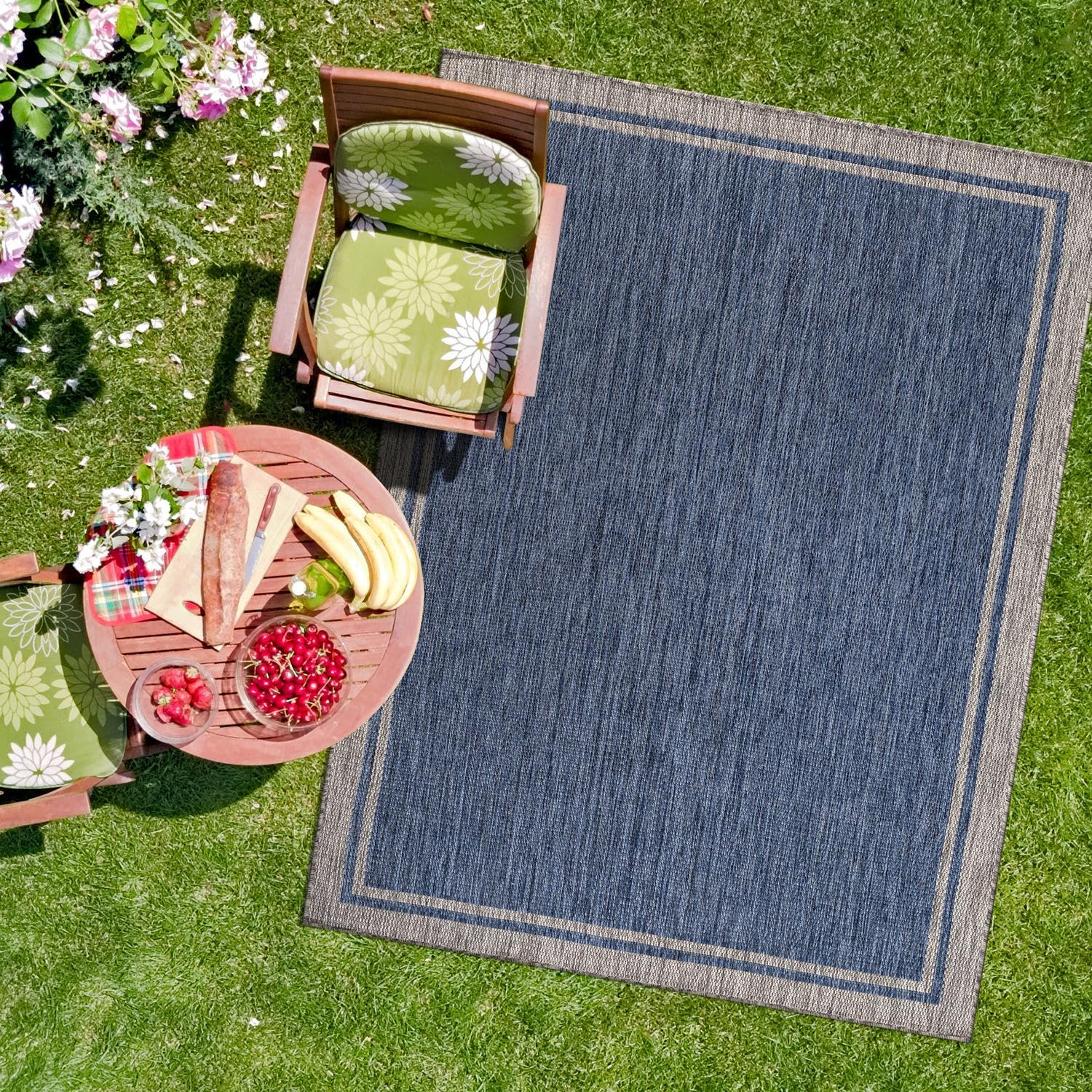 CAMILSON Outdoor Rug, 5x7 Bordered Navy Blue Gray Modern Area Rugs for Indoor and Outdoor Patios, Porches Waterproof Washable Porch Deck Outside Carpet (Bordered Navy, 5 x 7)