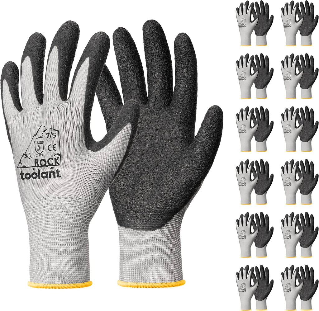 toolant Crinkle Latex Work Gloves Bulk, Rubber Coated Safety Work Gloves for Men and Women, 12 Pairs for Construction, Gardening, Warehouse (Gray, Small)
