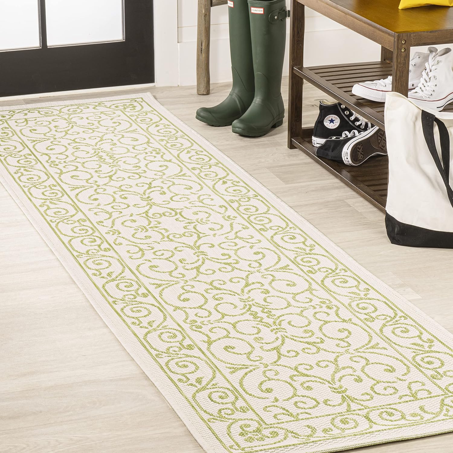 JONATHAN Y SMB106I-28 Charleston Vintage Filigree Textured Weave Indoor Outdoor Runner Rug, Bohemian Coastal Traditional Easy Cleaning,Bedroom,Kitchen,Backyard,Patio,Non Shedding, 2 X 8, Cream/Green