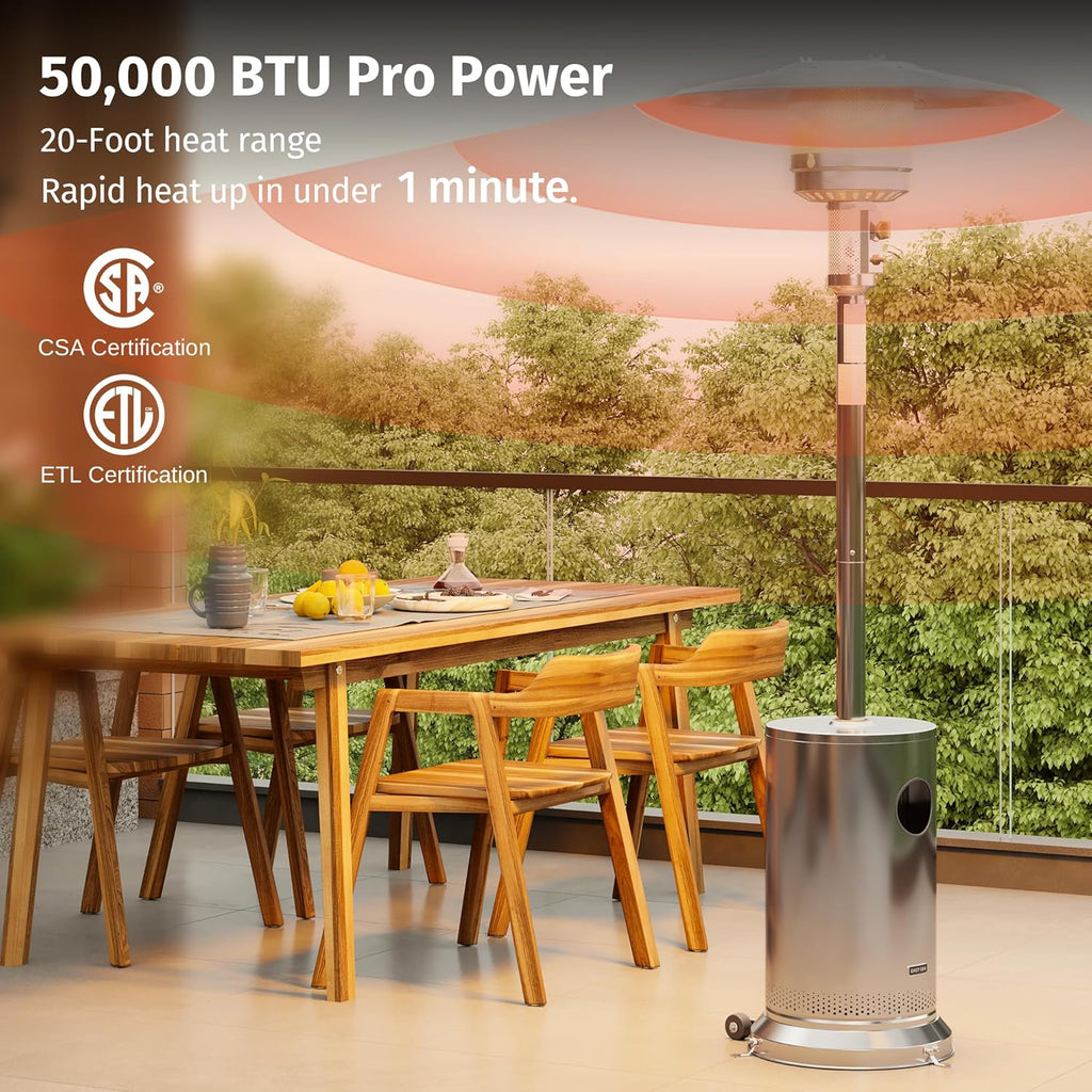 EAST OAK Anti-rust 50,000 BTU Patio Heater for Outdoor Use With Double-Layer Stainless Steel Burner, Round Table Design and Wheels, Outdoor Patio Heater for Home and Commercial, Stainless Steel