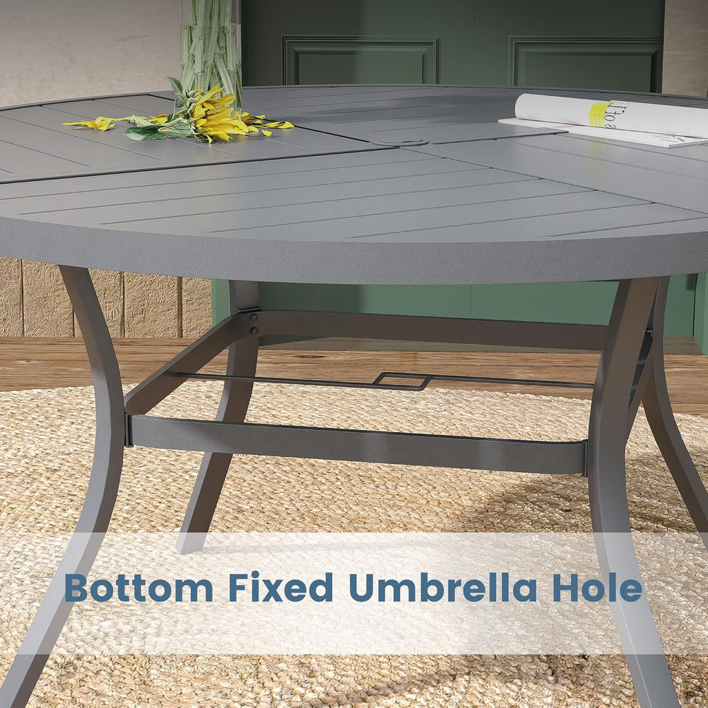 DIFY 53.1" Round Outdoor Patio Dining Table for 6-8, All-Weather Metal Steel Slatted Patio Table with 1.57" Adjustable Umbrella Hole, for Lawn Garden Porch Backyard, Grey