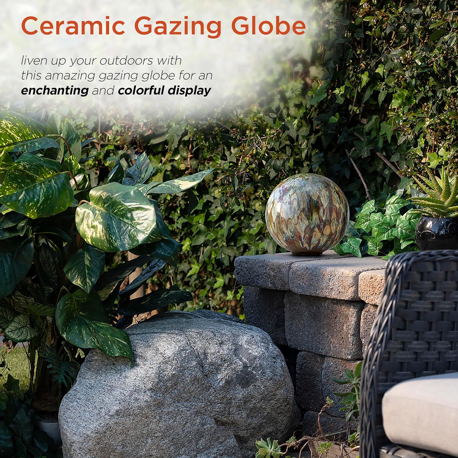 Alpine Corporation 10" Tall Indoor/Outdoor Glazed Ceramic Gazing Globe Yard Decoration