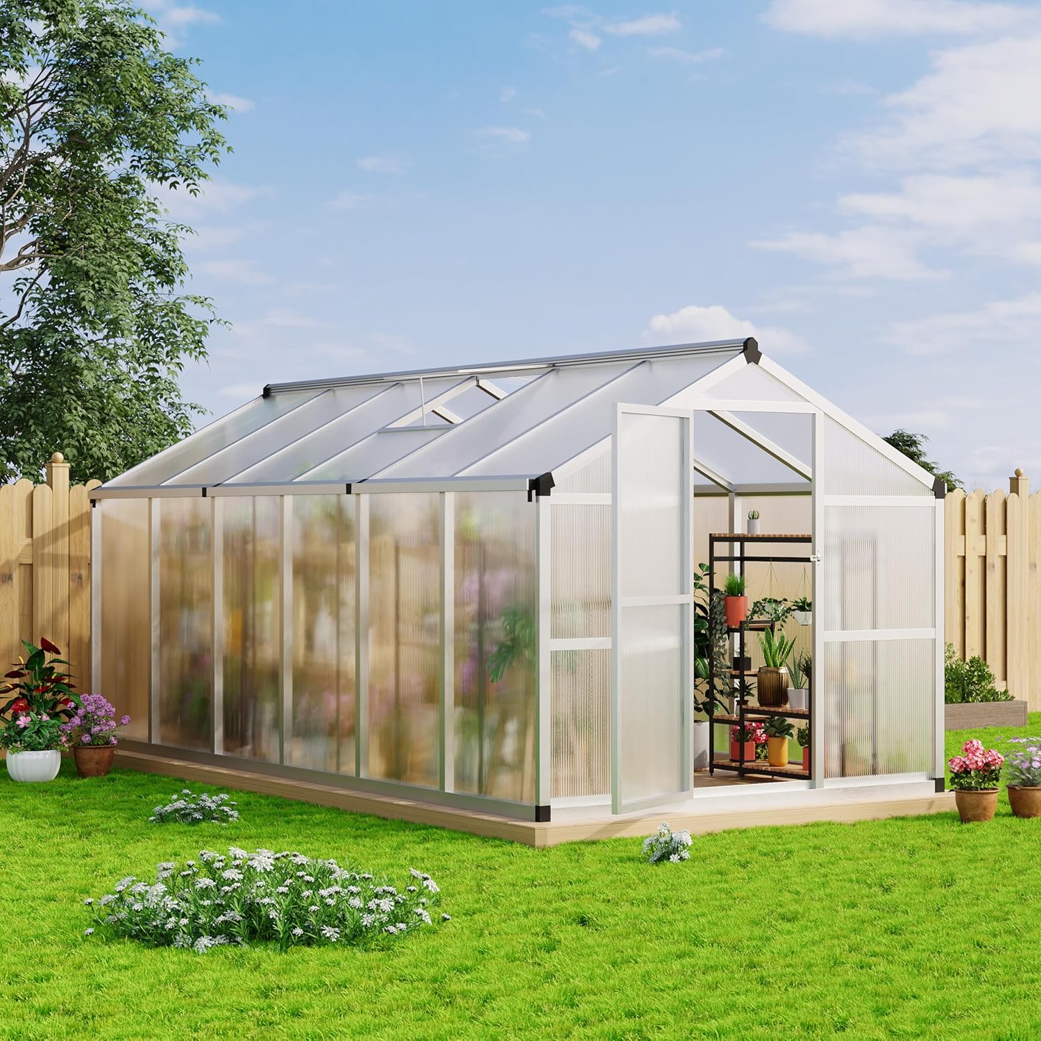 8x12 FT Greenhouse, Large Aluminum Greenhouses for Outdoors, Heavy Duty Polycarbonate Greenhouse with Roof Vent, Walk-in Green Houses for Winter Garden, Backyard, Patio, Lawn, Easy Assembly