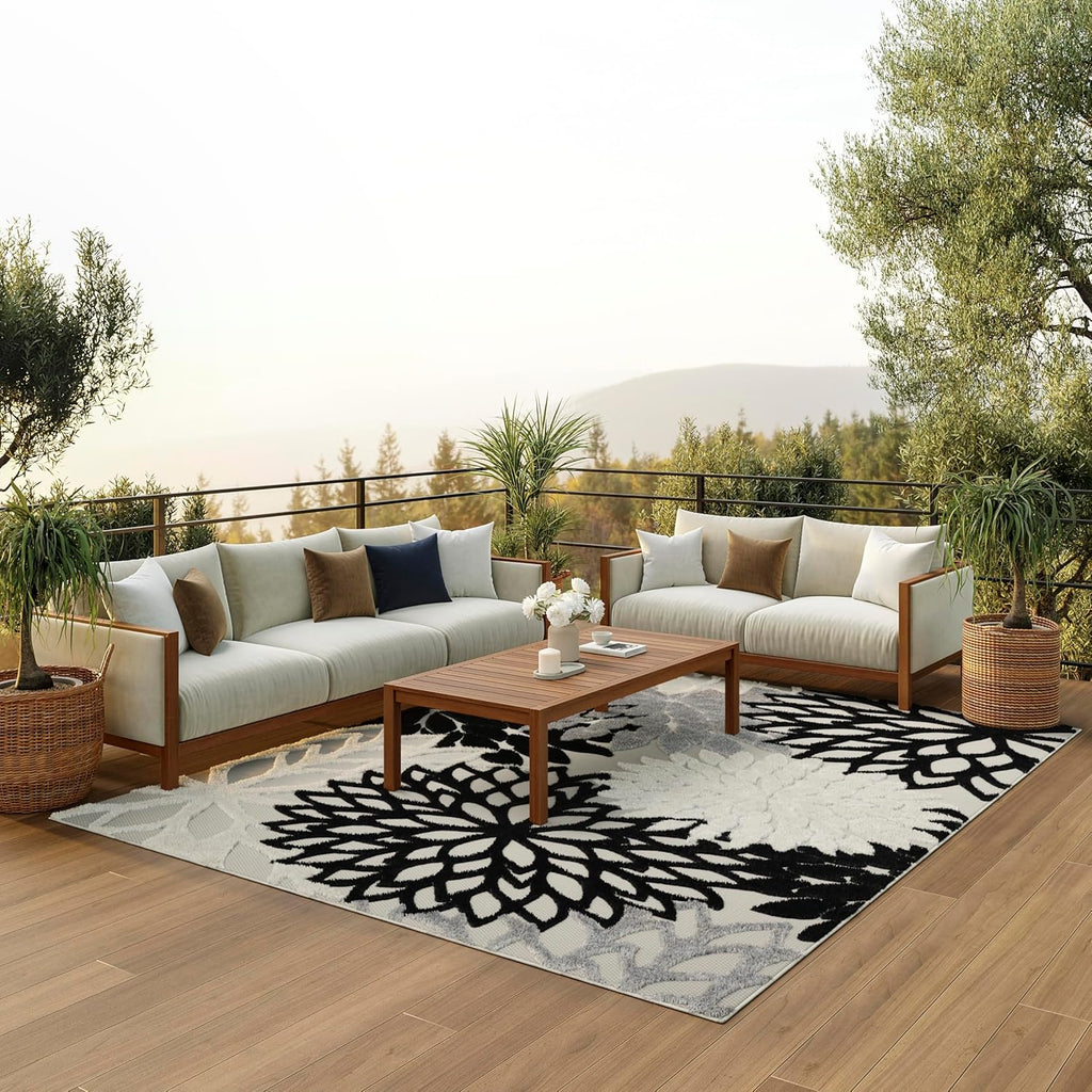 Nourison Aloha Indoor/Outdoor Black White 6' x 9' Area Rug, Tropical, Botanical, Easy Cleaning, Non Shedding, Bed Room, Living Room, Dining Room, Deck, Backyard, Patio (6x9)
