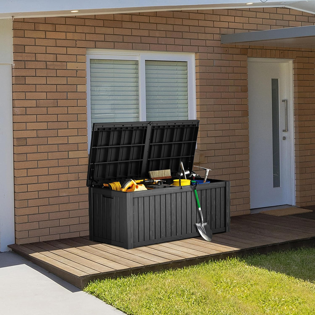 180 Gallon Lockable Resin Deck Box, Waterproof & UV-Resistant Outdoor Storage Box for Outdoor Cushion Storage, Garden Tools & Pool Accessories Storage, Black