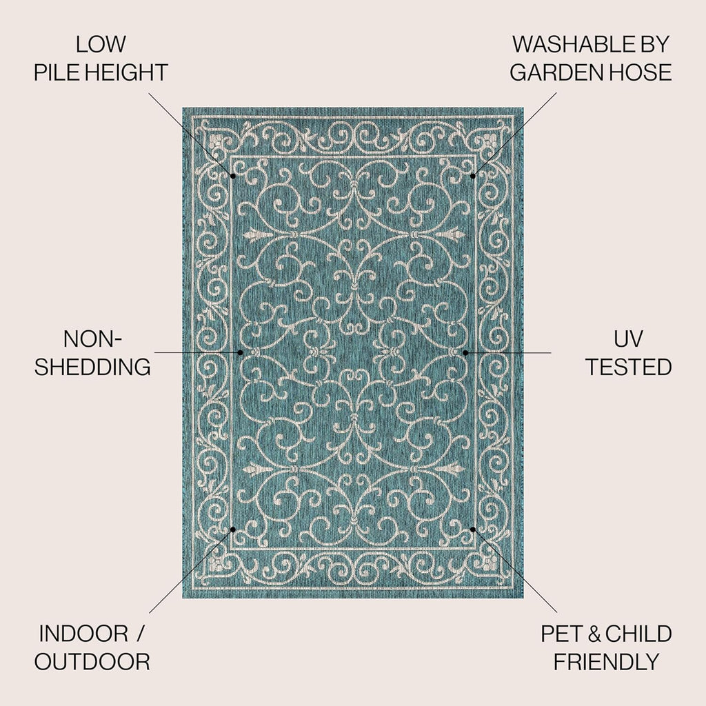 JONATHAN Y SMB106F-8R Charleston Vintage Filigree Textured Weave Teal/Gray 8' Round Indoor/Outdoor Area Rug, Pet Friendly, Non-Shedding, Stain Resistant, Easy-Cleaning for Backyard, Patio, Porch