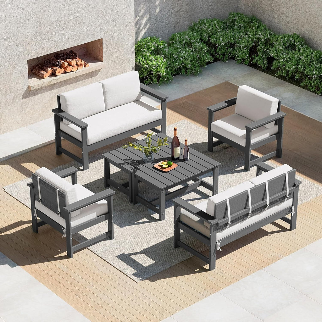 SERWALL 6 Pieces HDPE Outdoor Sofa Set with Cushions, Outdoor Conversation Couch Loveseat Furniture Set with Coffee Table for Balcony, Deck, Poolside, Grey Frame with Khaki Cushions