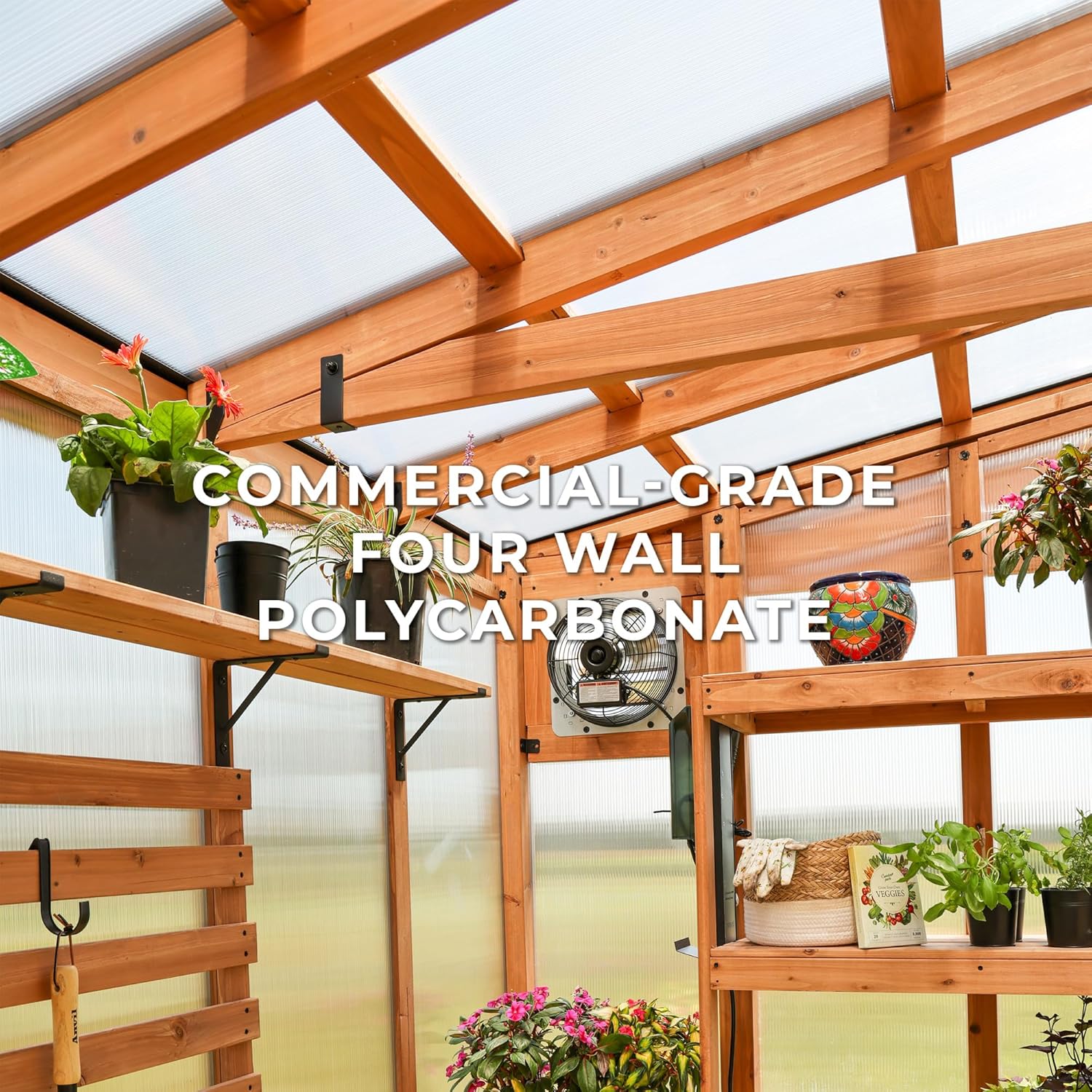 Backyard Discovery Poppy 11' x 7' Cedar Wood and Polycarbonate Walk-In Greenhouse Kit with Exhaust Fan, Windows, Hose Hook-Ups, PowerPort, Staging Shelves, Plant Hooks for Year-Round Outdoor Gardening