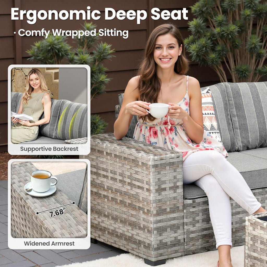 ovios 13 Pieces Patio Furniture Set, Outdoor Wicker Sectional Sofa with 54 Inch Fire Pit Table Comfy Cushions, Modern Modular Deep Seat Rattan Couch Conversation Set, Dark Gray Stripe
