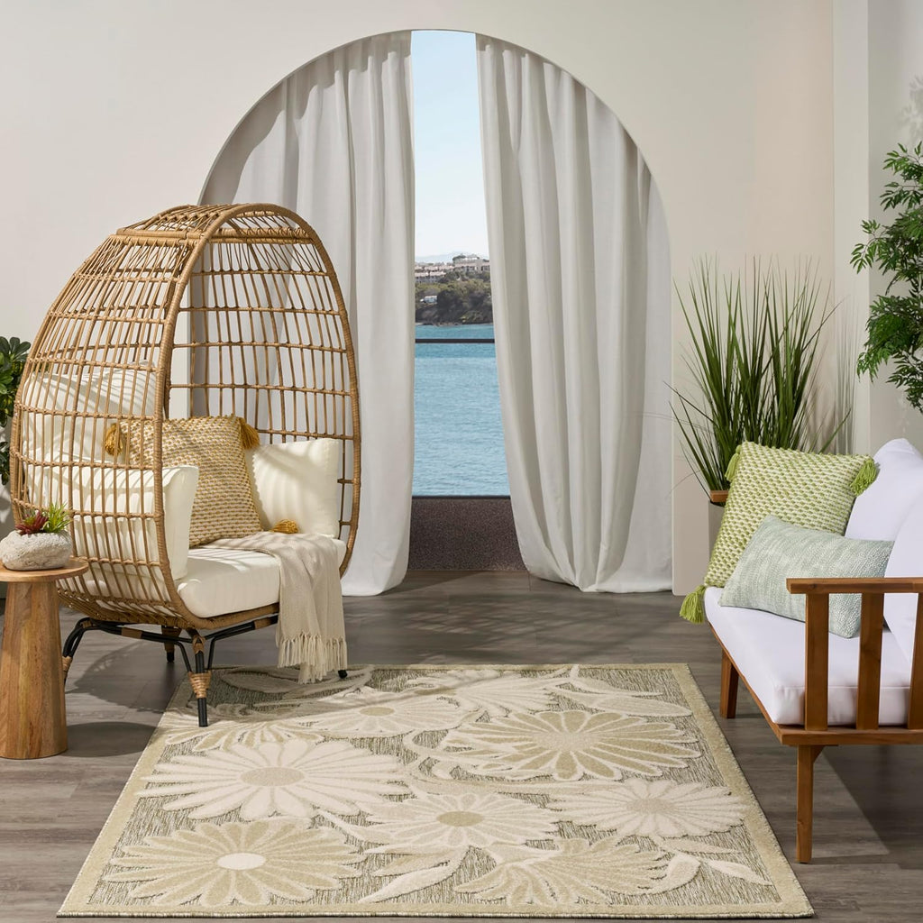 Nourison Aloha Ivory Sage 5'3" x 7'5" Area Rug - Easy Clean, Non Shedding, Bed Room, Living Room, Dining Room, Kitchen (5' x 8')
