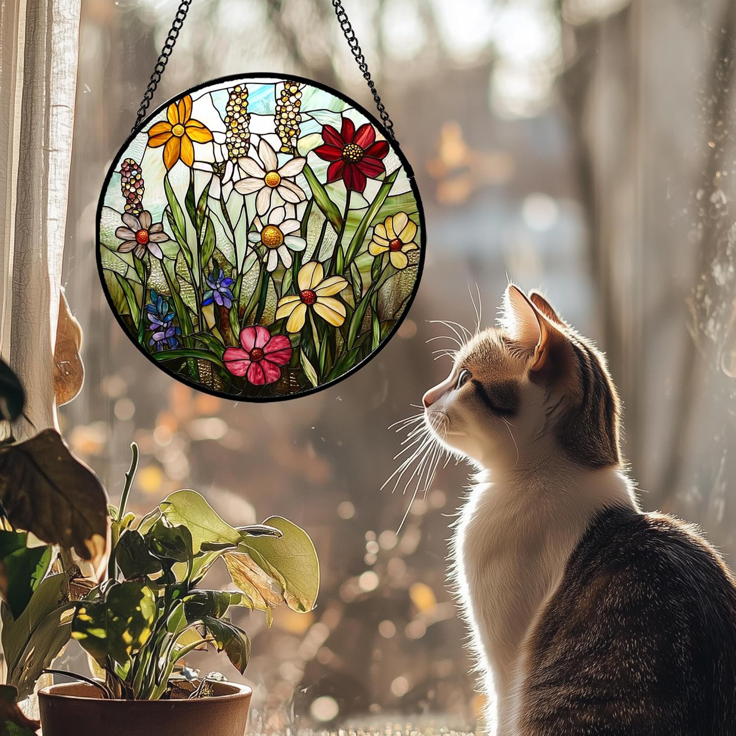 Stained Glass Window Hanging, Colorful Wildflowers Plant Scenery Suncatcher for Doors Window Home White Green Sun Catchers Decor Mother's Day Birthday Gifts for Women, Men Mom 11.8 in