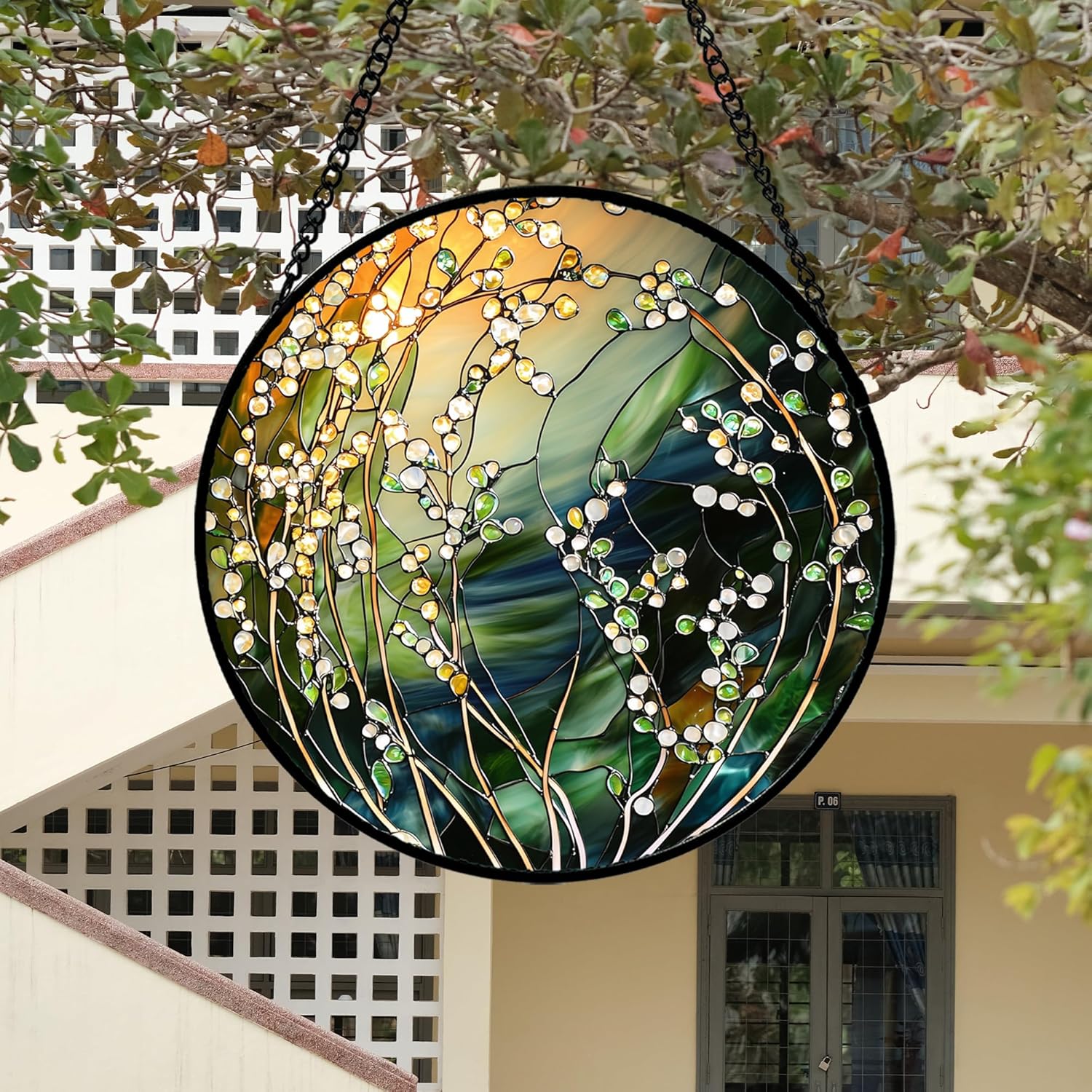 Stained Glass Suncatcher, Yellow Green Gradient Flower Sun Catcher Plants Stain Glass Window Hanging Decoration Mother's Day Birthday Gifts for Women Men Mom and Nana 7.8 in