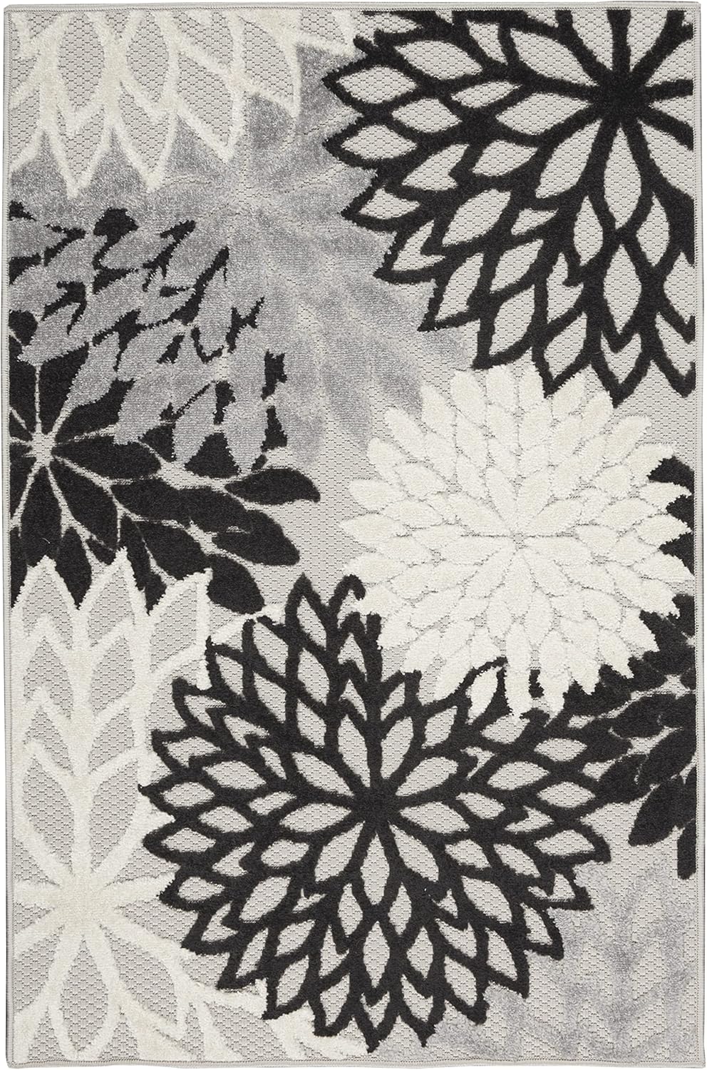 Nourison Aloha Indoor/Outdoor Black White 2'8" x 4' Area Rug, Tropical, Botanical, Easy Cleaning, Non Shedding, Bed Room, Living Room, Dining Room, Deck, Backyard, Patio (3x4)