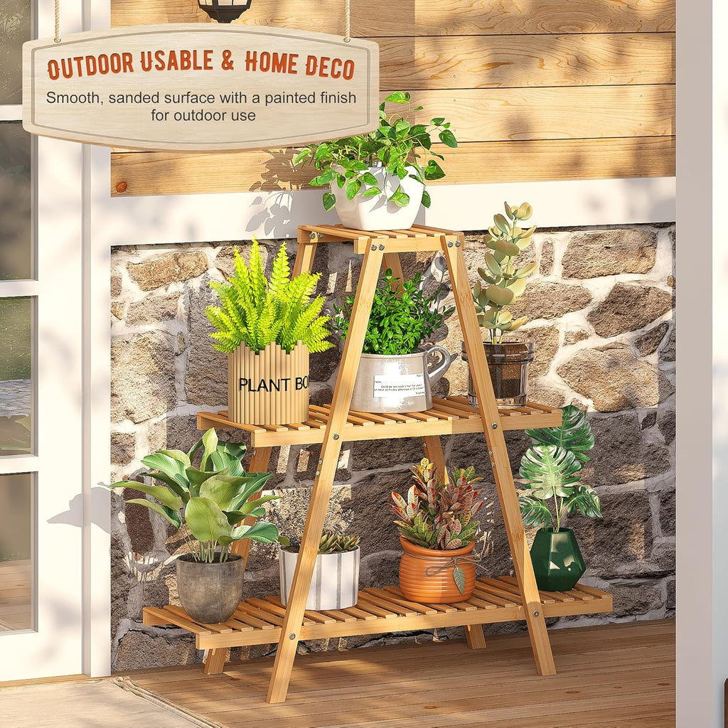 Plant Stand Indoor Plant Shelf Outdoor bamboo Plant Rack, 3 Tiers Ladder Plant Holder Flower Stand for Living Room Balcony Garden Patio,Living Room Boho Home Decor for Gardening Gifts (Natural)