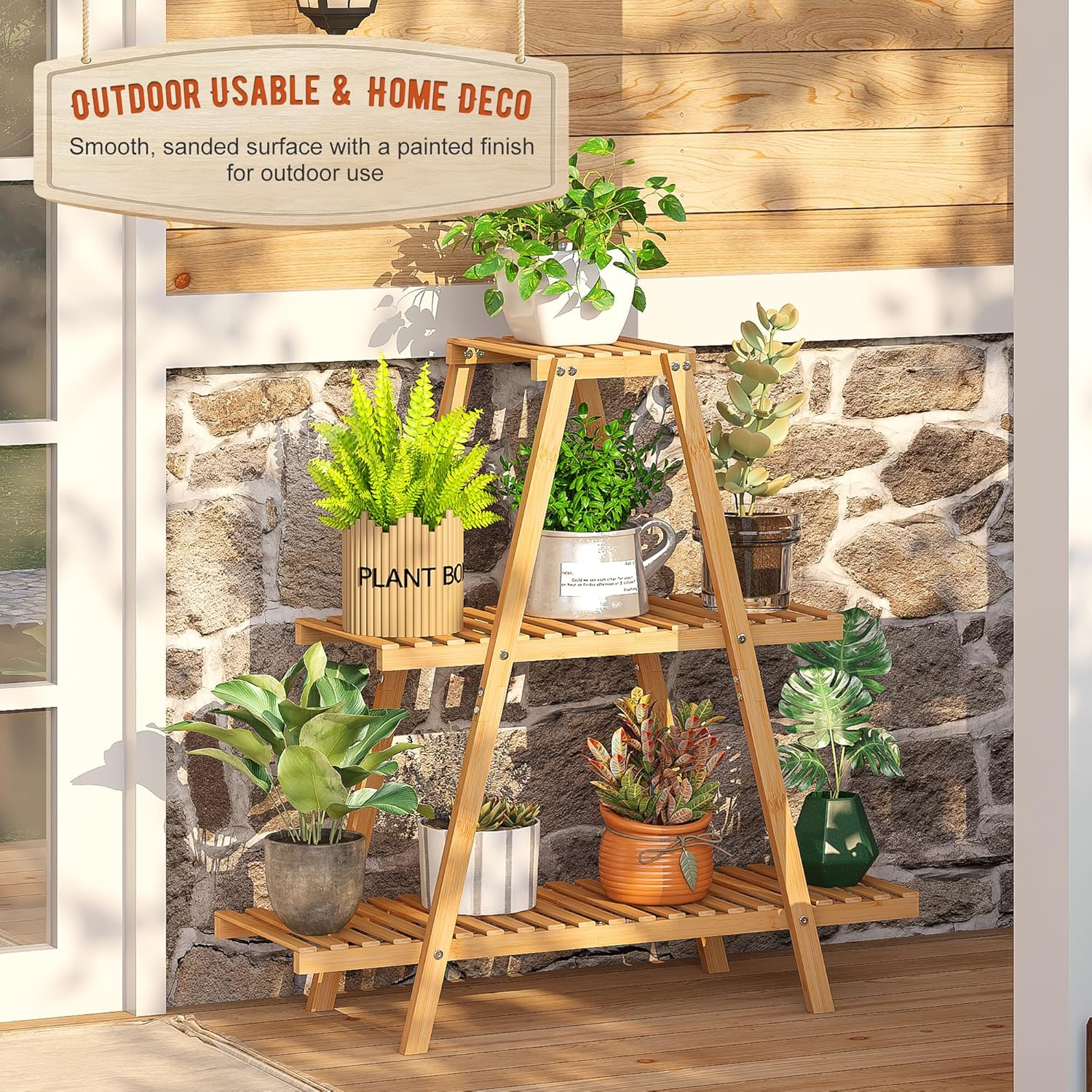 Plant Stand Indoor Plant Shelf Outdoor bamboo Plant Rack, 3 Tiers Ladder Plant Holder Flower Stand for Living Room Balcony Garden Patio,Living Room Boho Home Decor for Gardening Gifts (Natural)